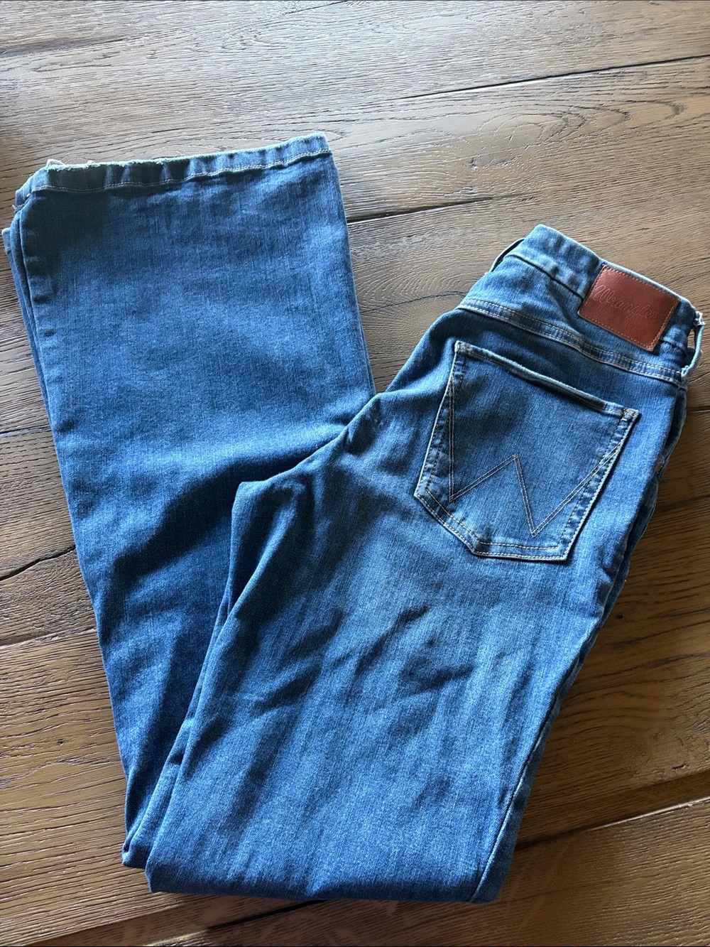 Wrangler Women's Blue Flared Denim Jeans with Leather Patch